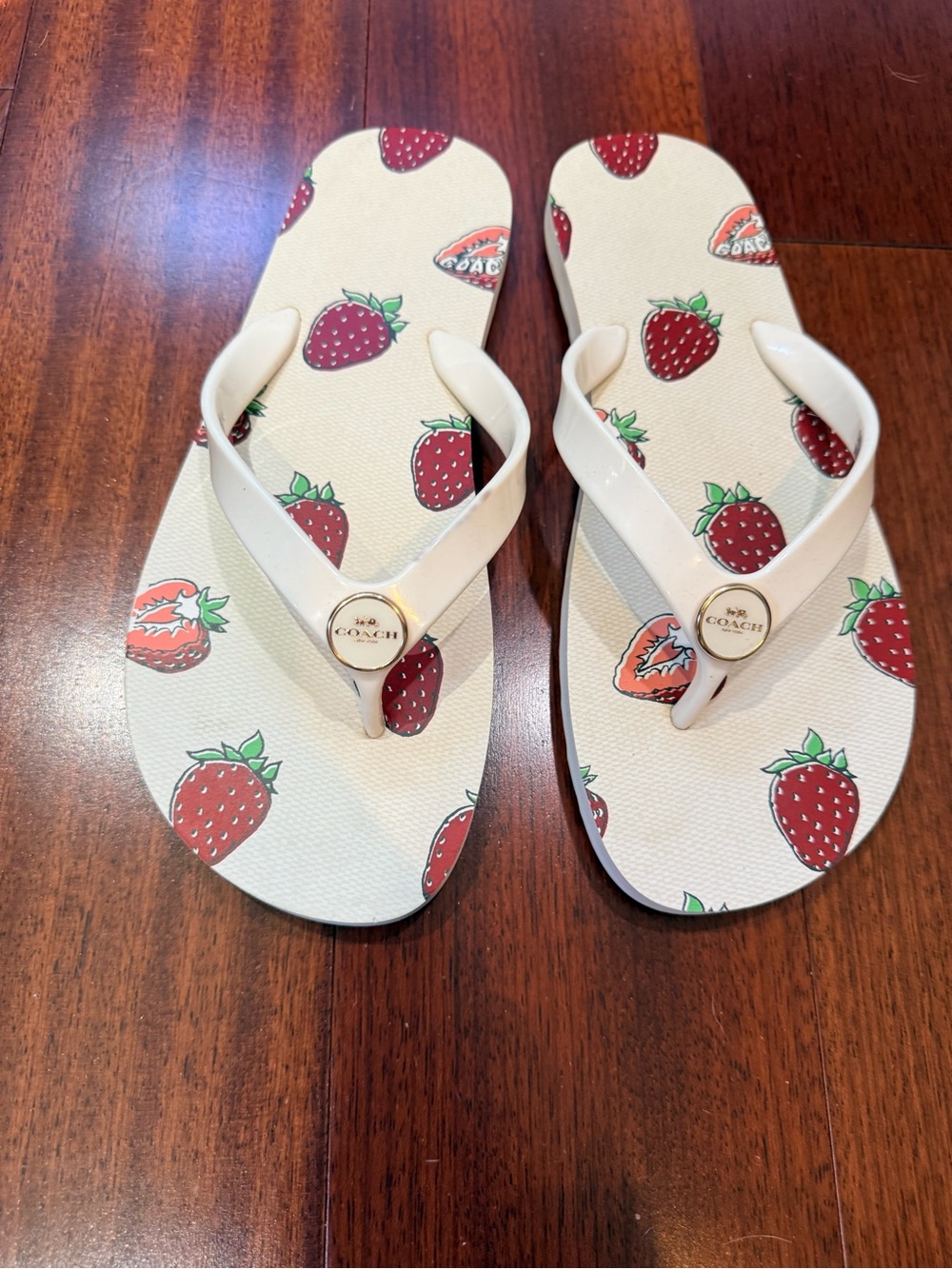 COACH Cream Flip Flops with Red Strawberry Print